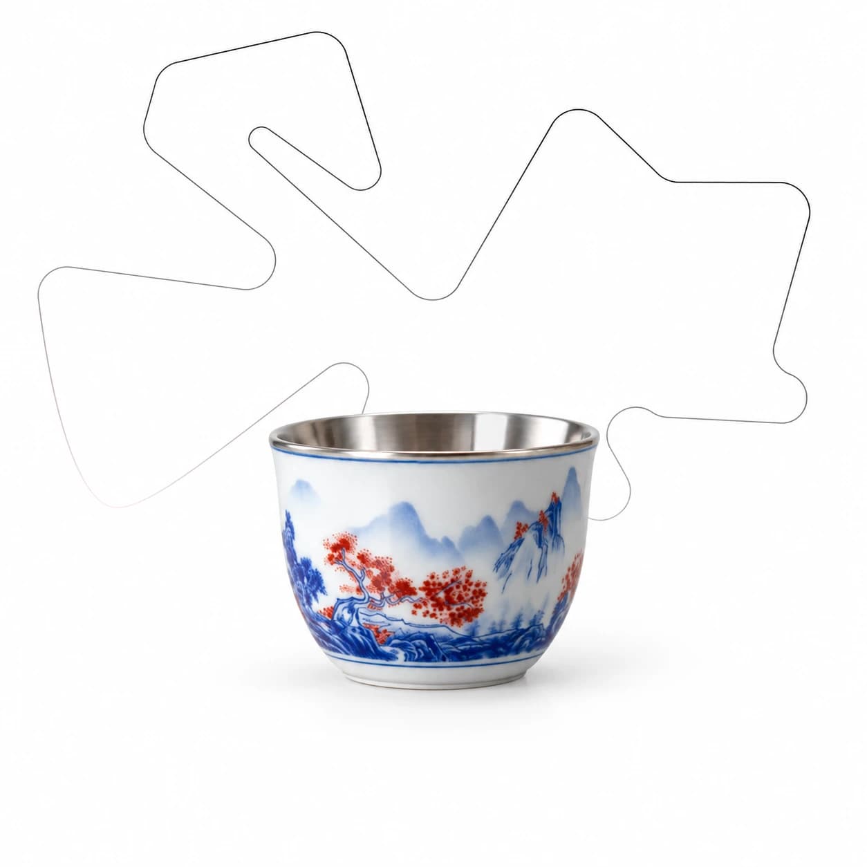 Porcelain-Silver Cup — Blue & White Landscape, 100ml