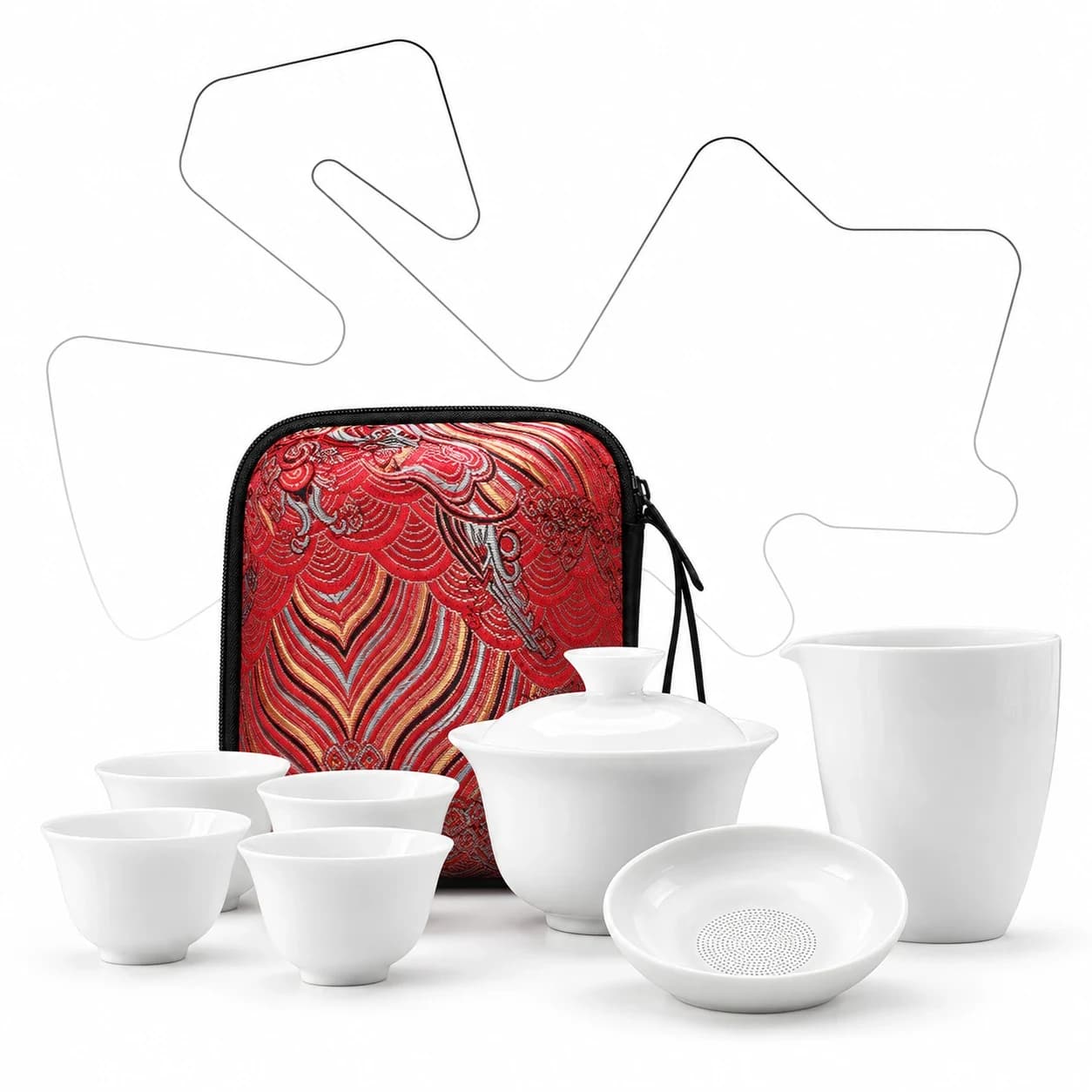 Portable White Porcelain Travel Tea Set — Gaiwan, 4 Cups & Pitcher in a Brocade Case