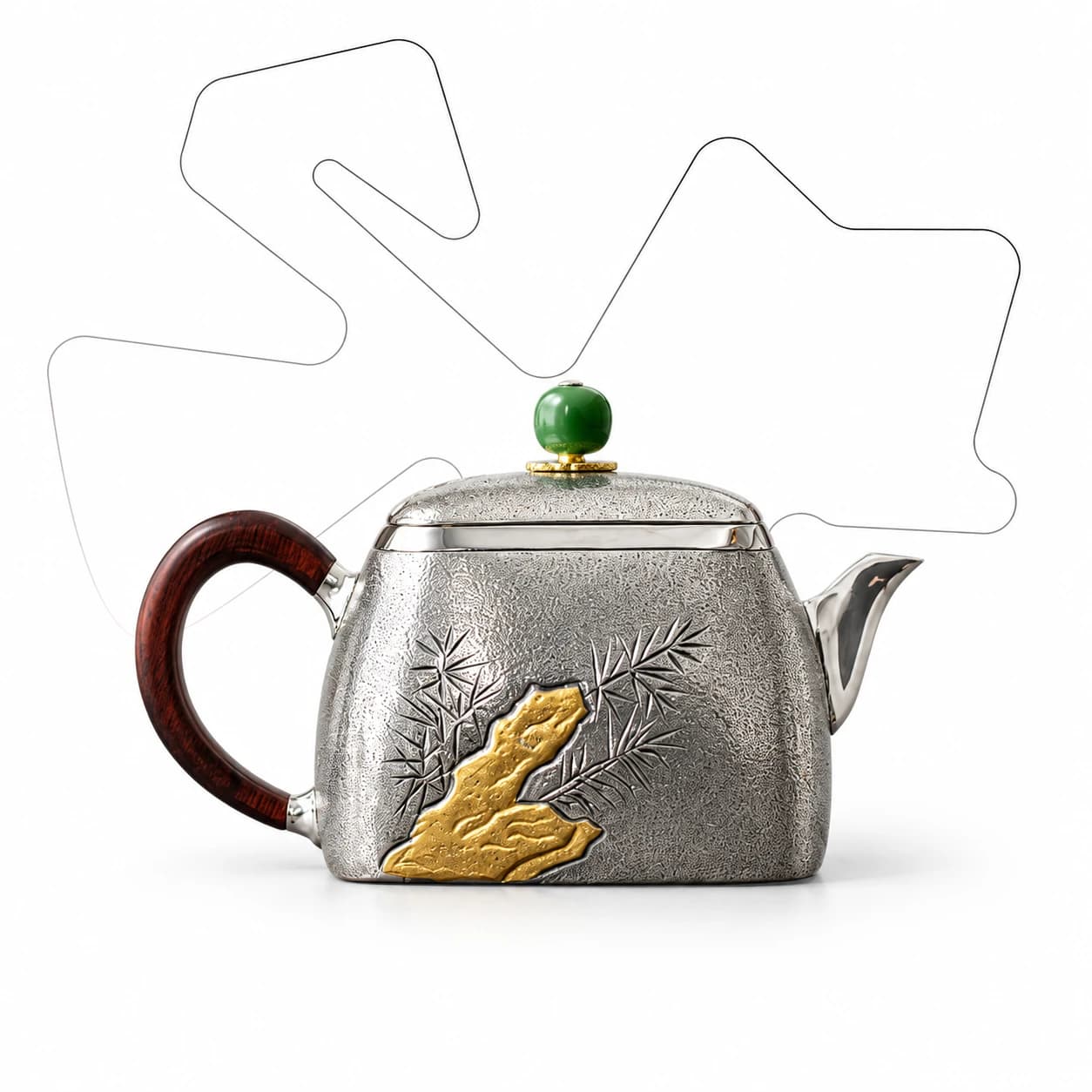 Shiru 999 Silver Teapot — Bamboo & Gold Leaf, 193g
