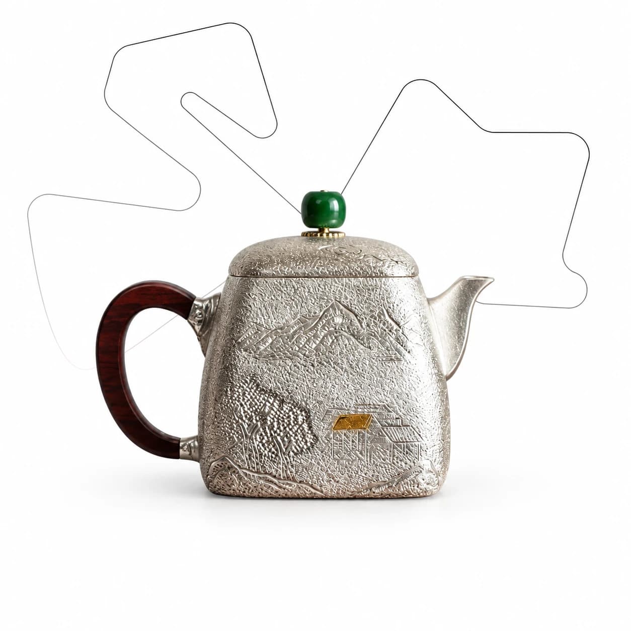 Shiru 999 Silver Teapot — Mountain Village Engraving, 193g