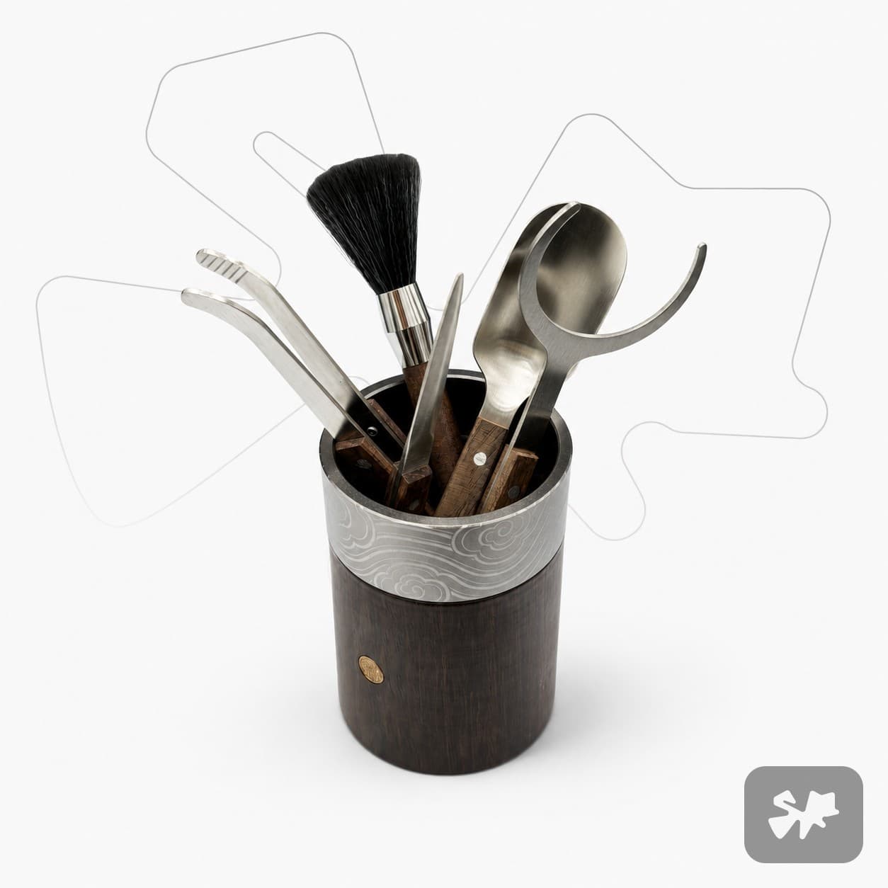 Tea Ceremony Six Gentlemen Set — Ebony & Titanium, Cloud Brocade