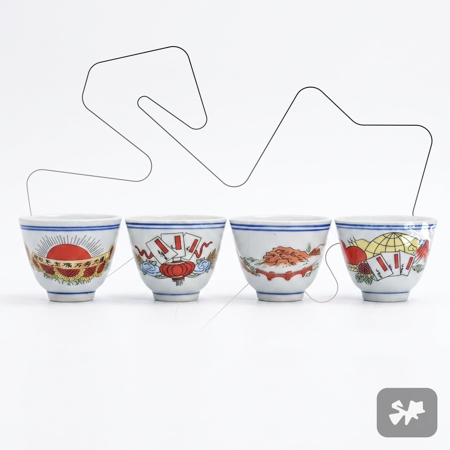 Vintage Chinese Propaganda-Style Porcelain Teacups